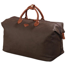 Load image into Gallery viewer, Angled view of the chocolate brown duffel bag.
