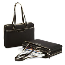 Load image into Gallery viewer, Two laptop briefcases on a white background. One standing, and one laid down with magazines and a laptop in the main compartment.
