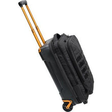 Load image into Gallery viewer, Side panel view of the suitcase with the telescopic handle extended. 
