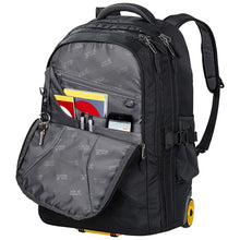 Load image into Gallery viewer, The backpack with the front panel pocket unzipped. A cellphone and stationery fill the organization compartments.
