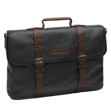 Load image into Gallery viewer, Angled front view of the black leather briefcase on a white background. 
