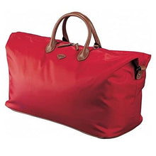 Load image into Gallery viewer, Angled front view of the poppy red duffel bag.

