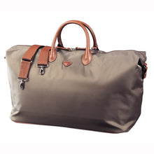 Load image into Gallery viewer, Angled front view of the bark brown duffel bag. 

