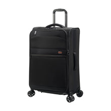 Load image into Gallery viewer, Angled front view of the black suitcase.
