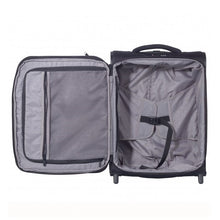Load image into Gallery viewer, Interior view of the black suitcase. It features zipper-closing compartments and adjustable straps. 
