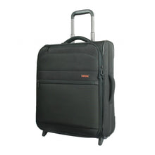 Load image into Gallery viewer, Angled front view of the black suitcase. 
