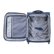 Load image into Gallery viewer, Interior view of the blue suitcase. It features zipper-closing pockets and adjustable straps.
