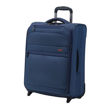 Load image into Gallery viewer,  Angled front view of the blue suitcase.

