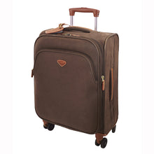 Load image into Gallery viewer, Angled front view of the carry-on chocolate brown suitcase.
