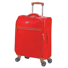 Load image into Gallery viewer, Angled front view of the carry-on red suitcase.
