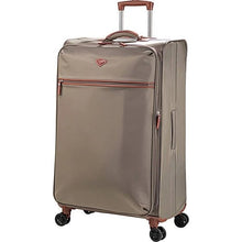 Load image into Gallery viewer, Angled front view of the large bark brown suitcase.
