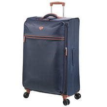 Load image into Gallery viewer, Angled front view of the large navy blue suitcase.
