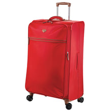 Load image into Gallery viewer, Angled front view of the large poppy red suitcase.
