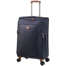 Load image into Gallery viewer, Angled front view of the medium Navy suitcase.
