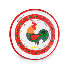 Load image into Gallery viewer, Front view of the tortillero with a red rooster with decorations and a red outline on the edge.
