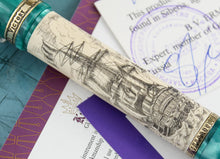 Load image into Gallery viewer, Close up to the detailed ship illustration on the pen barrel. 
