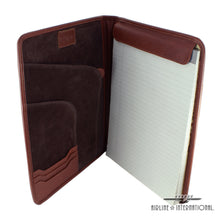 Load image into Gallery viewer, Interior view of the brown letter pad. It features compartments for documents and business cards on the left, and space for a letter pad on the right. 
