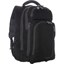 Load image into Gallery viewer, Angled front view of the black backpack with the telescopic handle retracted. 
