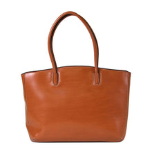 Load image into Gallery viewer, Front panel view of the toffee leather tote bag. 
