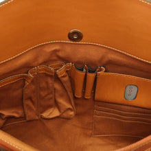 Load image into Gallery viewer, Interior close up to the compartments in the leather tote bag. 
