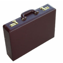 Load image into Gallery viewer, Angled top view of the burgundy attache case. 
