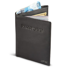Load image into Gallery viewer, Angled view of the passport cover with cash and credit cards in the compartments. 
