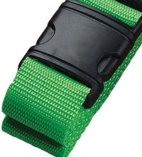 Load image into Gallery viewer, Angled close up to the neon green luggage strap.
