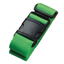 Load image into Gallery viewer, The neon green luggage strap with black plastic clasps folded on a white background.
