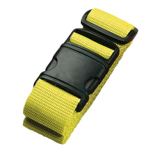 Load image into Gallery viewer, The neon yellow luggage strap with a black plastic buckle, folded on a white background.
