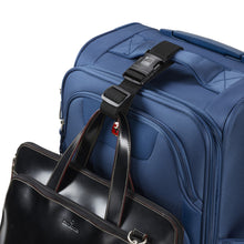 Load image into Gallery viewer, A black strap attaching a briefcase to the grip handle of a suitcase.
