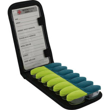 Load image into Gallery viewer, Angled interior view of the pill organizer inside the fabric case. The lid has a paper tag to write contact and medical details. 
