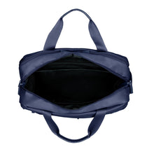 Load image into Gallery viewer, Top view of the navy blue bag with the main compartment unzipped. 
