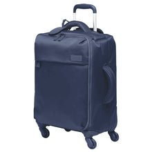 Load image into Gallery viewer, Angled front panel view of the navy blue suitcase. 
