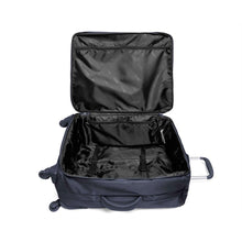 Load image into Gallery viewer, The open black suitcase with the main compartment unzipped. It features zipper-closing pockets and adjustable straps.
