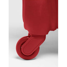 Load image into Gallery viewer, Close up to a cherry red wheel on the suitcase. 

