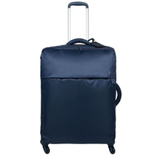 Load image into Gallery viewer, Front panel view of the navy blue suitcase with the telescopic handle extended. 
