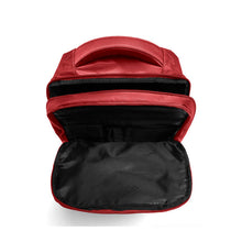 Load image into Gallery viewer, Top view of the backpack with the two compartments unzipped. 
