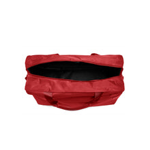 Load image into Gallery viewer, Top view of the red duffle bag with the main compartment unzipped. 
