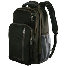 Load image into Gallery viewer, Angled front view of the black backpack. 
