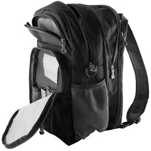 Load image into Gallery viewer, Angled front view of the black backpack with the compartments unzipped. 
