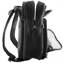 Load image into Gallery viewer, Side panel view of the black backpack with the compartments unzipped. 
