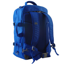 Load image into Gallery viewer, Angled back view of the blue backpack. 
