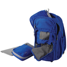 Load image into Gallery viewer, Angled front view of the blue backack with the compartments unzipped. Two organizing packing cubes are arranged with it.
