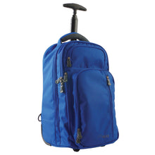 Load image into Gallery viewer, Angled front view of the blue rolling backpack with the telescopic partially extended.
