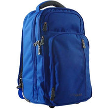 Load image into Gallery viewer, Angled front view of the blue rolling backpack with the telescopic handle retracted.
