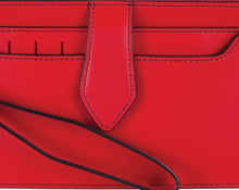 Load image into Gallery viewer, Close up to the front of the red wallet. 
