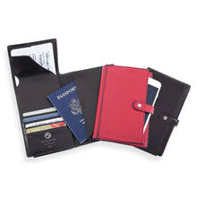 Load image into Gallery viewer, The black and red wallets arranged with credit cards, a passport, flight ticket, and cellphone. 
