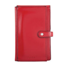 Load image into Gallery viewer, Front view of the red wallet with button closure. 
