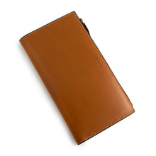 Load image into Gallery viewer, Front view of the toffee leather wallet with the word LODIS embossed at the top.
