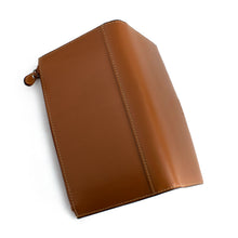 Load image into Gallery viewer, Angled unfolded view of the toffee leather wallet. 
